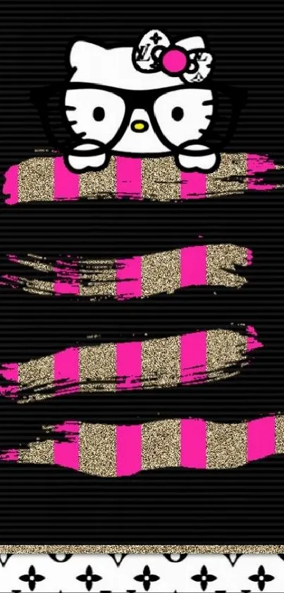 Cute character with pink glitter on black striped wallpaper.