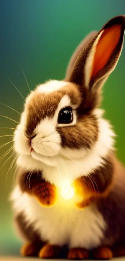 Adorable bunny holding a glowing light against a soft green background.