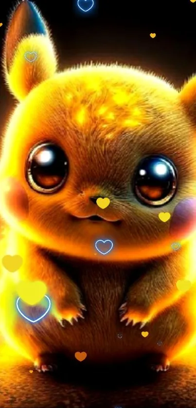 Adorable yellow glowing creature with heart accents on a mobile wallpaper.