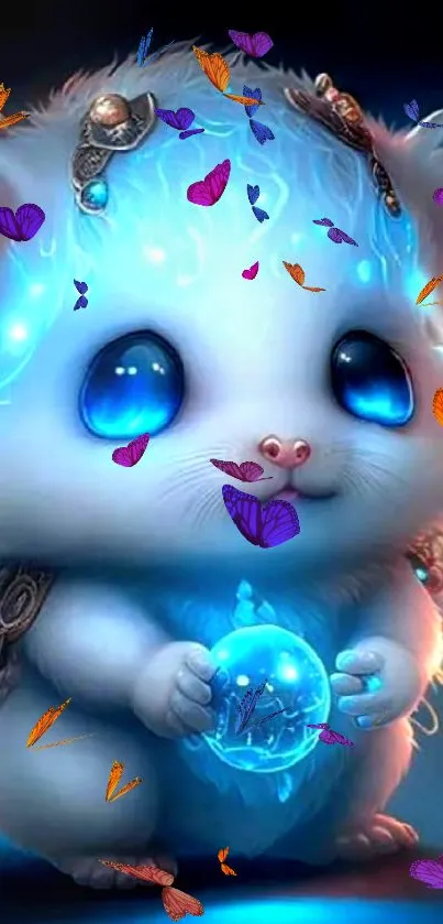 Cute fantasy mouse with glowing details holds a magical orb. Ideal for mobile wallpaper.