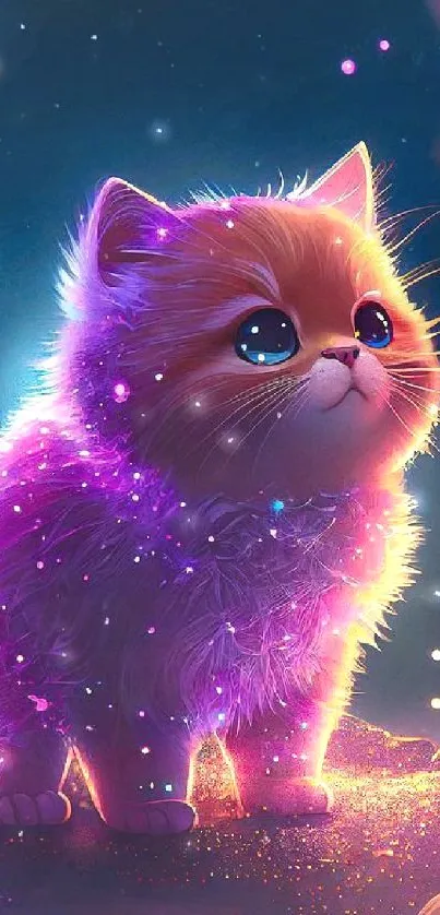 Adorable glowing kitten with vibrant colors, perfect for a magical phone wallpaper.