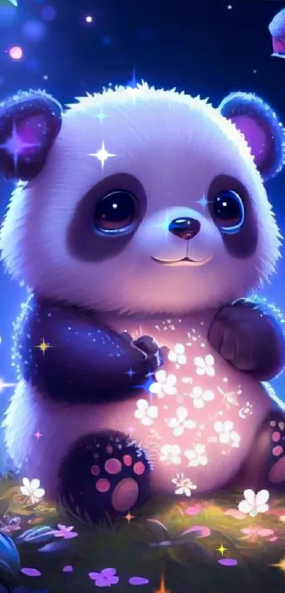 Adorable glowing panda amidst flowers at night.