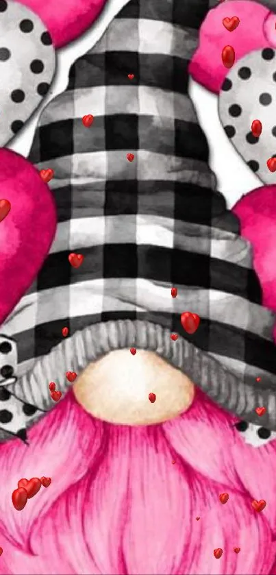 Cute gnome with pink hearts and black polka dots.