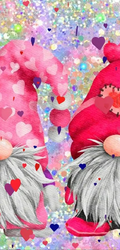 Cute gnome wallpaper with glittery hearts.