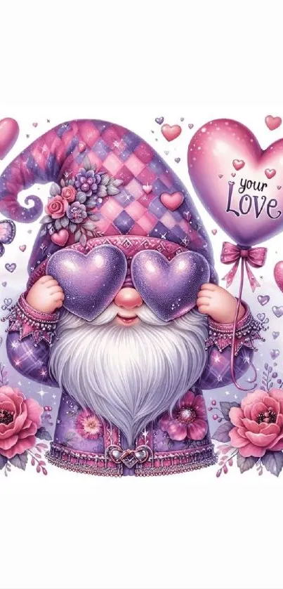 Charming gnome with heart glasses and balloons in pink and purple.