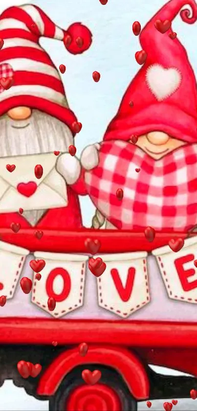 Adorable gnome love mobile wallpaper with red and pink festive theme.