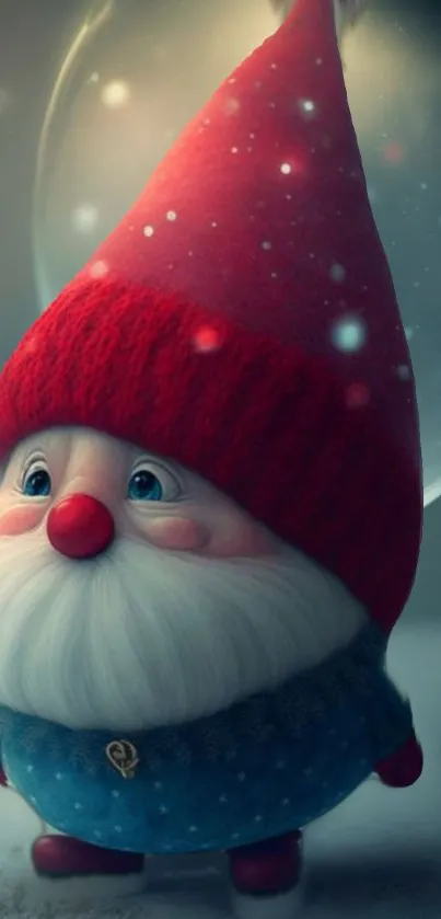 Whimsical gnome in red hat with soft, magical background.