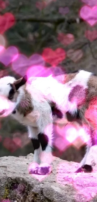 Adorable baby goat with pink heart bokeh background.