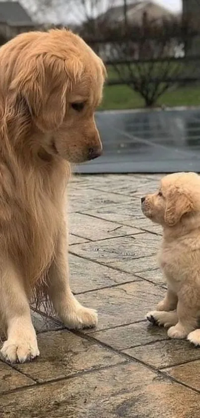 Golden retriever adult and puppy sitting on wet tiles, cute moment captured.