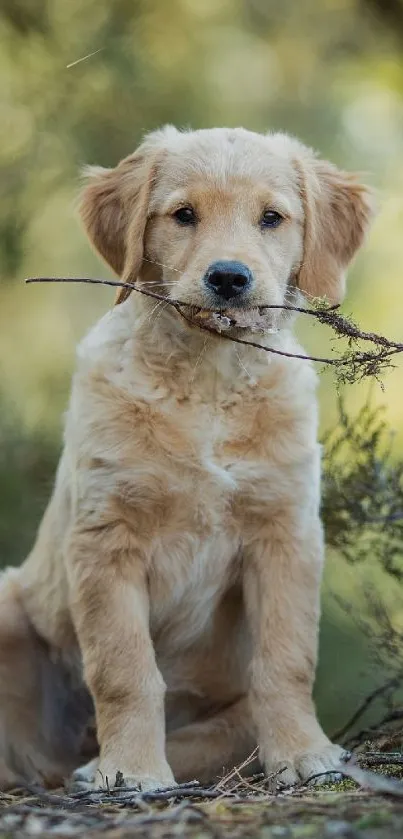 Golden Retriever puppy holding a stick outdoors.