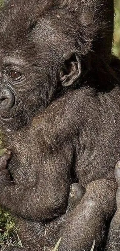 Adorable baby gorilla sitting on grass in natural light wallpaper.