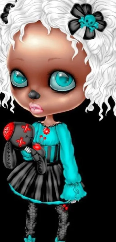 Cute goth character with teal dress and white hair on a dark background.