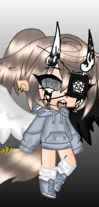 Gothic anime angel with unique wings.