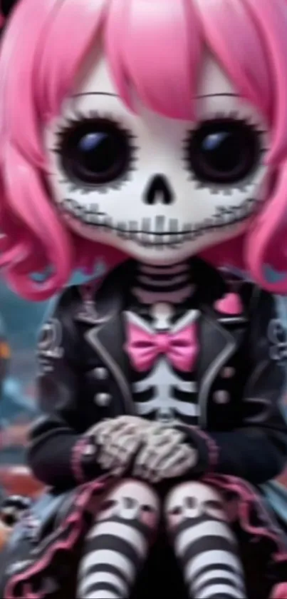 Anime-style gothic doll with pink hair and skeleton face in vibrant art.