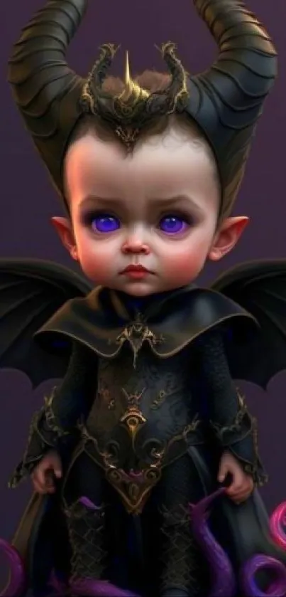 Gothic baby with dark wings and purple eyes on a mobile wallpaper background.