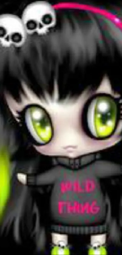 Gothic character with green eyes on black wallpaper background.