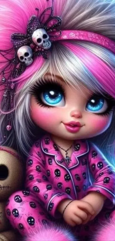 Adorable gothic doll with pink hair and skull accessories.