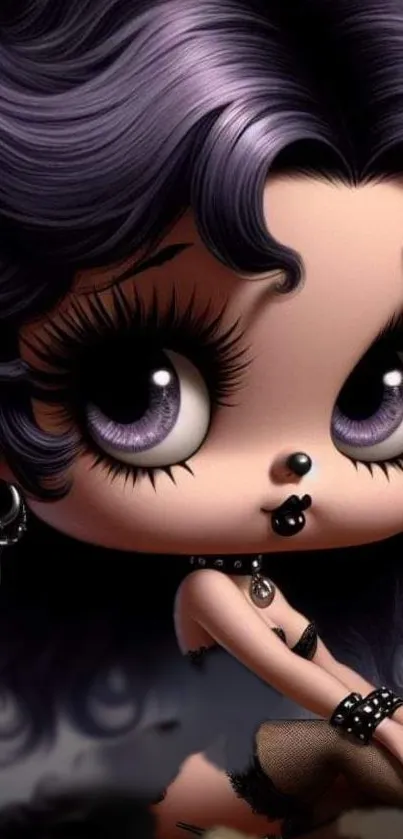 Cute gothic doll with purple hair and large eyes on mobile wallpaper.