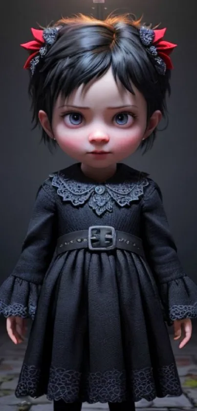 Gothic-inspired doll with candle flame hair on a dark background.