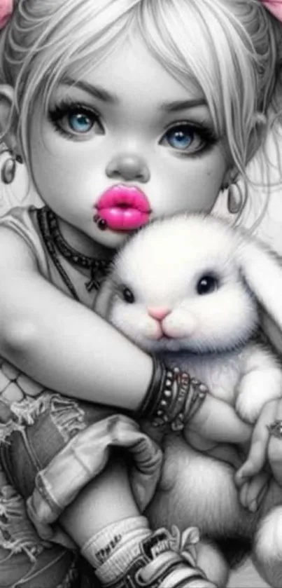 Cute gothic girl hugging a bunny in a whimsical style.