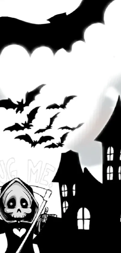 Cute gothic wallpaper with skeleton, bats, and haunted house.