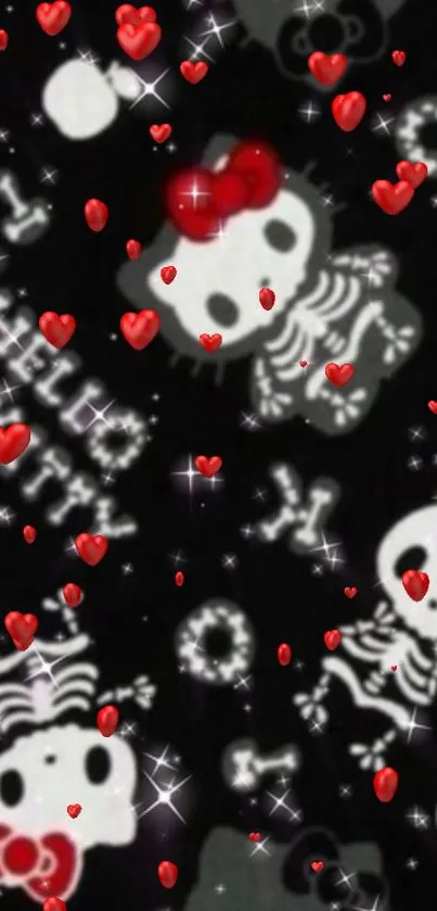 Cute gothic skeleton wallpaper with red hearts on black background.