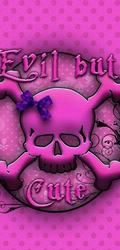 Cute pink gothic skull wallpaper with bow and polka dots.