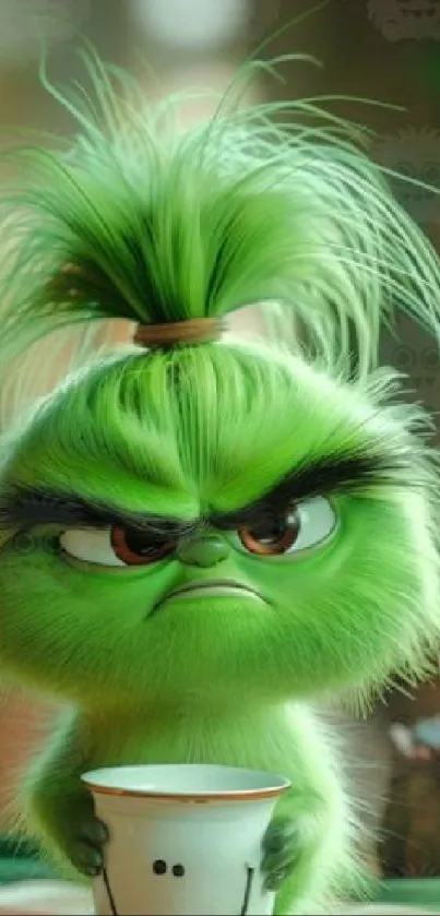 Green animated character with fluffy hair and playful expression.