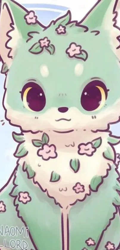 Anime-style green creature with flowers, ideal for wallpaper.