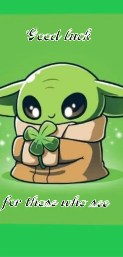 Cute green baby alien with clover cartoon.