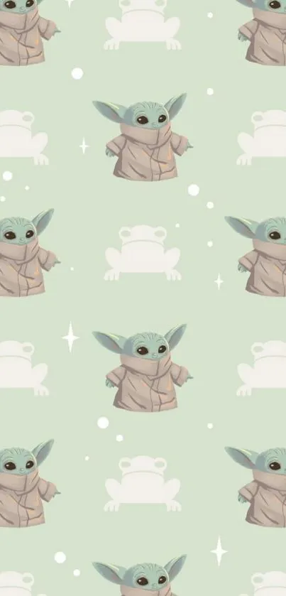 Cute baby alien pattern on pale green background.