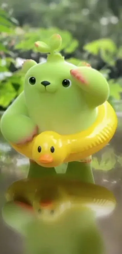 Cute green bear with duck floaty in nature reflection.