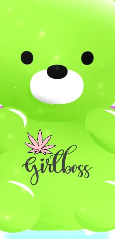 Bright green bear with 'girlboss' text in whimsical design.