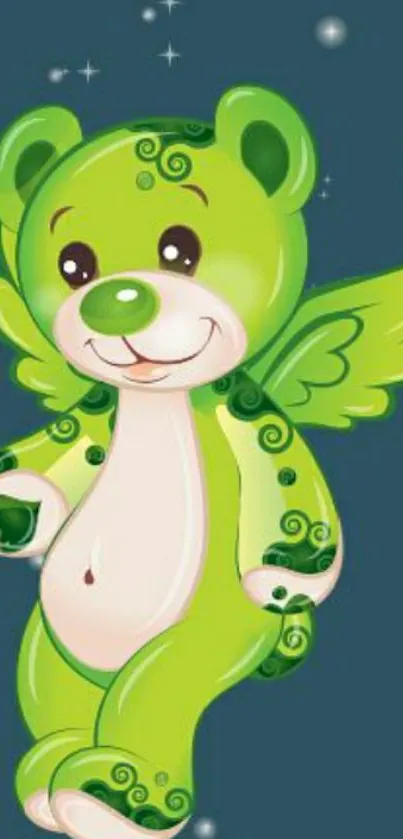 Cute green bear with whimsical wings on a teal background.