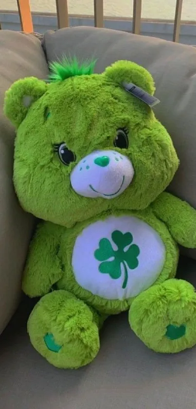 Cute green teddy bear with clover design on a cushion.