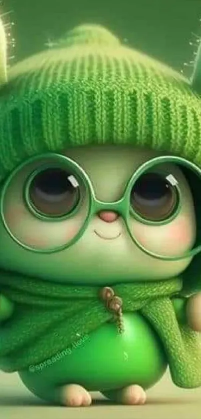 Cute green cartoon creature with glasses and knit hat.