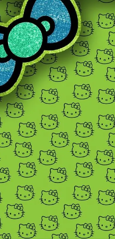 Green wallpaper with cartoon kitty pattern and glittery bow.