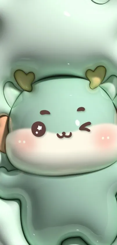 Cute green cartoon with horns and stars on a mint background.