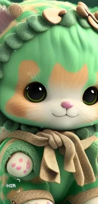 Cute green cartoon cat in plush outfit on a mobile wallpaper.