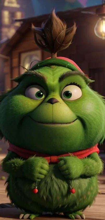 Charming green animated character with festive backdrop.