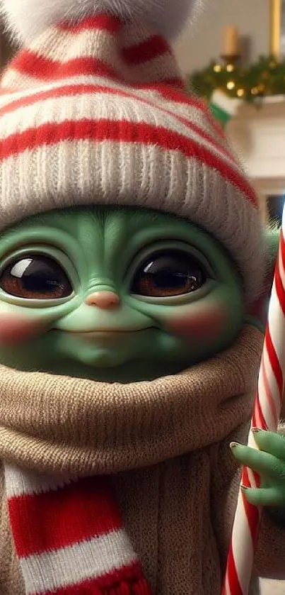 Cute green creature in holiday winter theme with a candy cane.