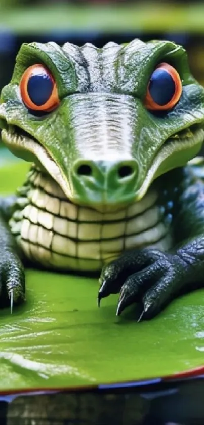 Adorable green crocodile on leaf wallpaper.