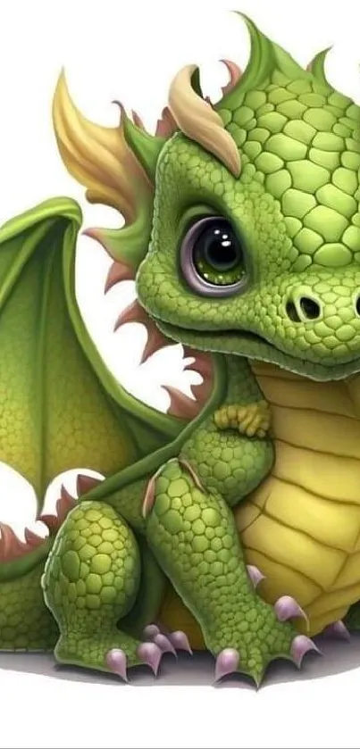 Cute green dragon with playful eyes and vivid scales on a white background.