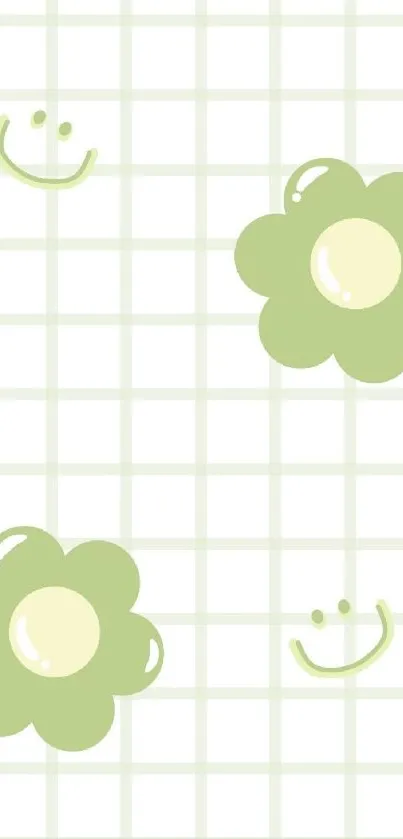 Green floral wallpaper with smiling faces on a light grid background.