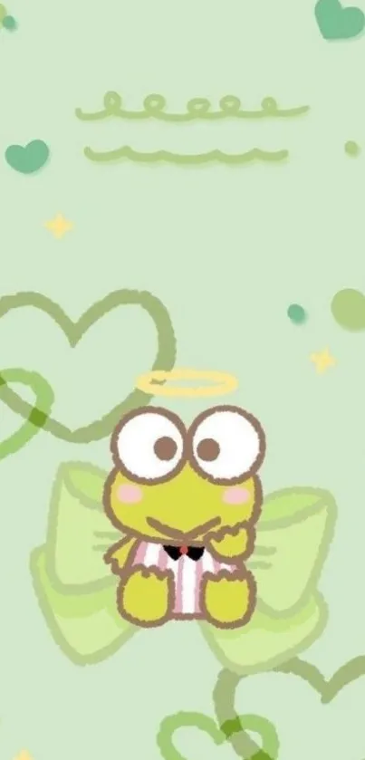 Cute green frog mobile wallpaper with hearts.