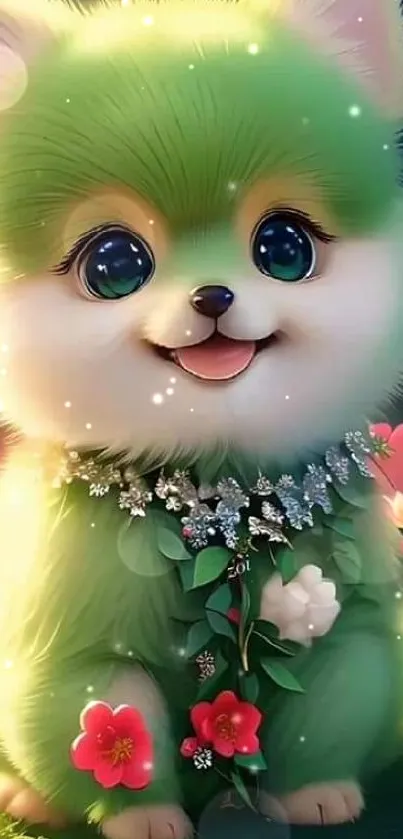 Adorable green furry animal with flowers, perfect wallpaper.