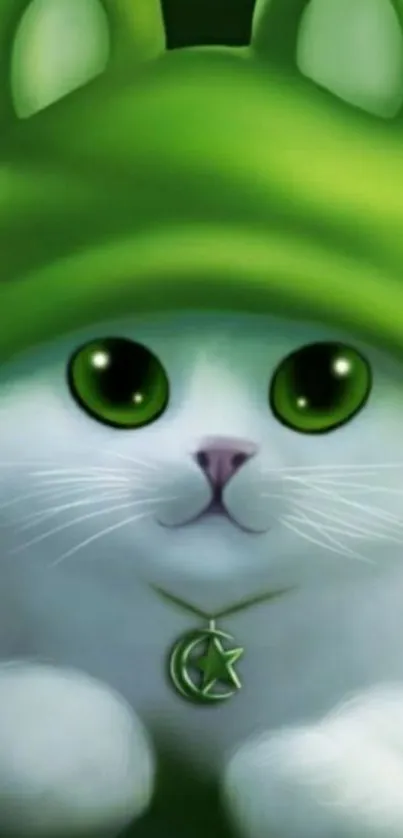 Cute white cat with green hat wallpaper.