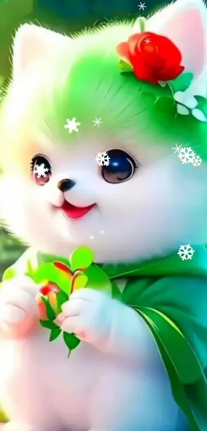 Cute cartoon Pomeranian with green fur and a red flower in winter setting.