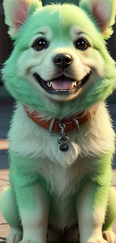 Cute green puppy sitting on patio, smiling.