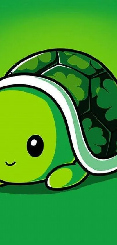 Cute cartoon turtle with clover shell on a green background.